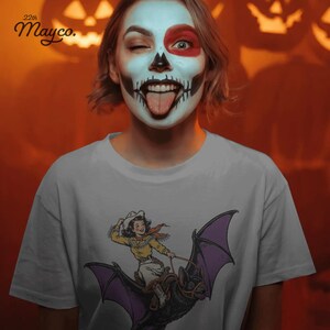 Cowgirl Riding Bat PNG, Western Halloween Rider, Vintage Spooky Rodeo Sublimation, Giant Bat Shirt Design Digital Download image 9