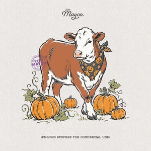 May include: A brown and white cow illustration wearing a black bandana with orange pumpkin and star patterns. The cow stands among several orange pumpkins with green leaves and vines. The text 22th Mayco appears at the top and bottom.
