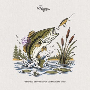 Jumping Largemouth Bass Catching Lure PNG Vintage Retro Summer Lake Fishing Shirt Digital Download
