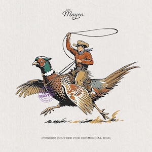May include: A graphic illustration featuring a cowboy in a hat and orange shirt riding a large pheasant while holding a lasso. The text 22th Mayco. appears at the top, and the text PNG/300 DPI/FREE FOR COMMERCIAL USE is at the bottom.