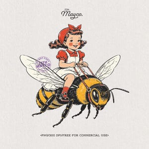 May include: A vintage-style illustration of a child with a red hair bow, wearing a red dress and white apron, riding a large bumblebee. The bee has yellow and black stripes, translucent wings, and a harness. Text reads 22th Mayco and PNG/300 DPI/FREE FOR COMMERCIAL USE.