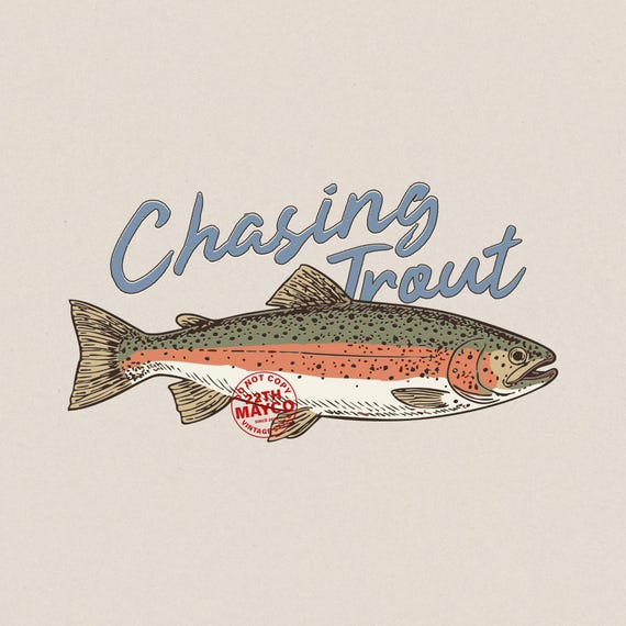 Chasing Trout PNG, Rainbow Trout Fishing Vintage Sublimation Design, Digital Download