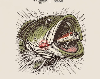 Vintage Bass Fishing PNG, Largemouth Bass Striking Lure Clipart Digital Download