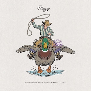 funny cowboy riding mallard duck png, whimsical western duck hunter illustration, vintage screen print duck riding graphic, retro outdoor lake life humor art, mallard duck rodeo digital download, quirky animal rider shirt design, duck lover gift for him, rustic lodge decor duck graphic, humorous waterfowl hunting art, cowboy duck lassoing png, whimsical wildlife shirt design, outdoor adventure duck clipart, funny western gift for hunter, duck riding enthusiast art, lake house humor print