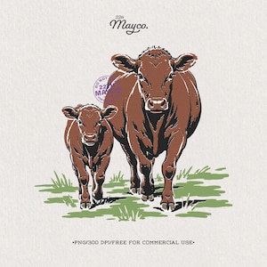 以下が含まれることがあります： 緑の草の上に立つ茶色の牛と子牛のイラスト。上部に「22th Mayco.」の文字があり、牛の後ろに紫色の円形スタンプが見えます。下部のテキストには「PNG/300 DPI/FREE FOR COMMERCIAL USE」と記載されています。