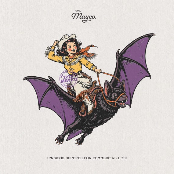 Cowgirl Riding Bat PNG, Western Halloween Rider, Vintage Spooky Rodeo Sublimation, Giant Bat Shirt Design Digital Download