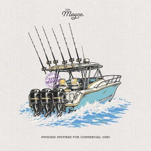 May include: A digital illustration of a center console fishing boat with three outboard motors and five fishing rods mounted on the T-top. The boat features a light blue hull, white accents, and is depicted moving through blue water. Text reads 22th Mayco.