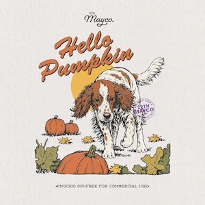 Hola calabaza English Springer Spaniel PNG, perro de caza de otoño con calabazas, diseño de camiseta vintage de otoño para sublimación (descarga digital)
