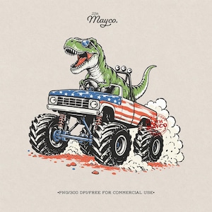 Può includere: Illustrazione di un dinosauro verde con occhiali da sole alla guida di un monster truck con un design a bandiera americana. Il camion ha grandi pneumatici neri e solleva polvere. Il testo "22th Mayco." è in alto.