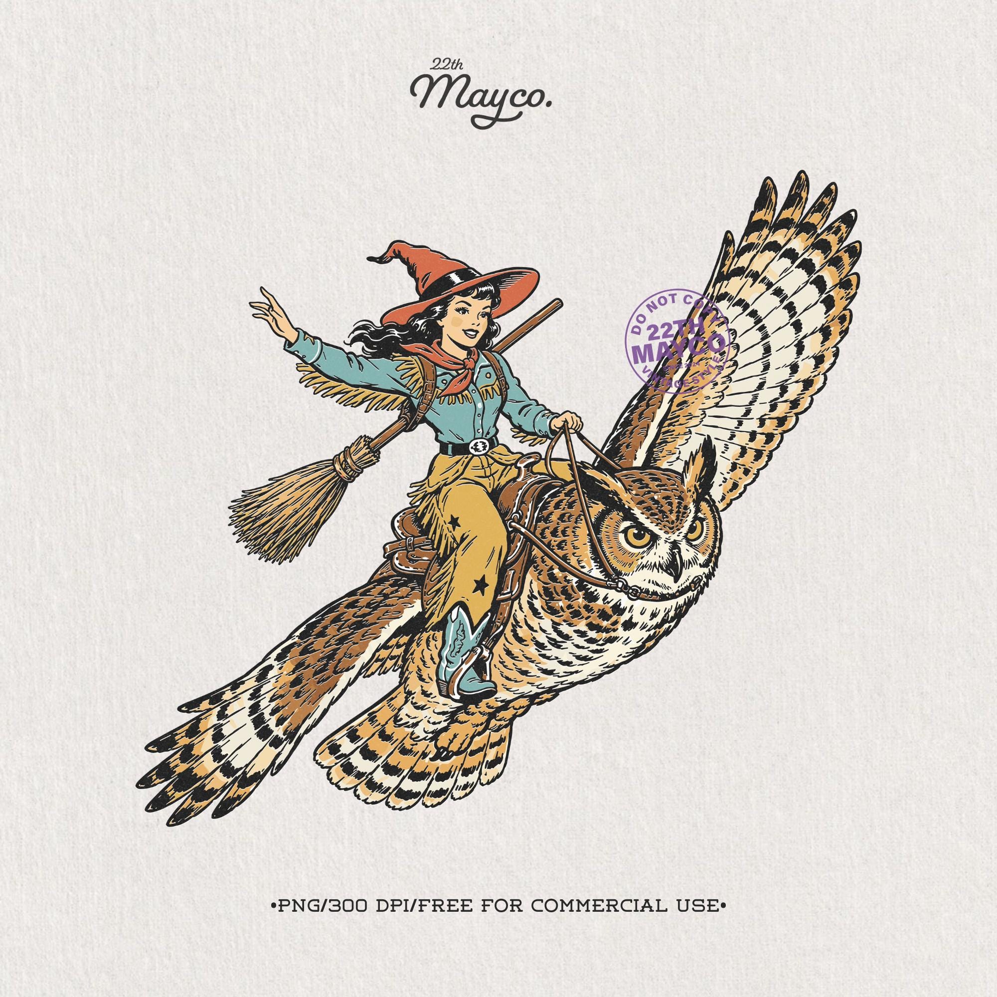Cowgirl Witch Riding Owl PNG, Great Horned Owl Rider, Western Halloween Spooky Rodeo Sublimation Shi