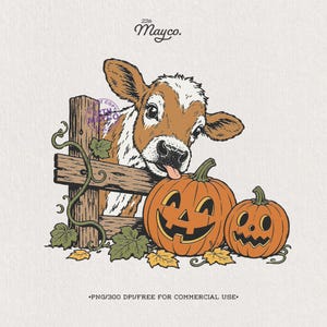 May include: A digital illustration of a brown and white calf peeking over a wooden fence, with its tongue out. Two orange jack-o'-lanterns with carved faces sit in front of the fence, surrounded by green leaves and yellow autumn foliage.