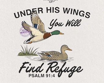 Christian Duck chasse PNG, sous ses ailes Psaume 91:4 Flying Mallard Duck vintage Christian Sublimation