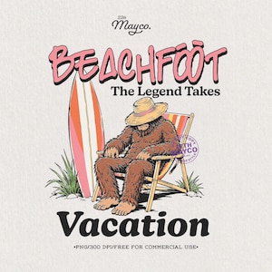 Beachfoot Bigfoot PNG, zabawny projekt sublimacji z wakacjami na plaży Sasquatcha, letnia deska surfingowa do pobrania w wersji cyfrowej