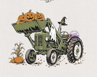 Halloween Tractor PNG, Ghost Farm Tractor with Jack O Lantern Pumpkin Loader, Retro Spooky Farm Sublimation Shirt Design Digital Download