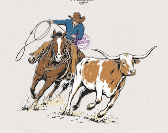Cowboy Roping Longhorn PNG, Western Rodeo Sublimation Design, Ranch Life Horse Rider Shirt, Cattle Cowboy Digital Download