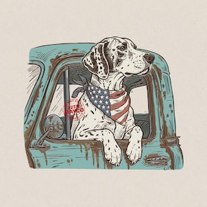 Patriotic Pointer Dog in Vintage Truck PNG, American Flag Bandana Digital Download