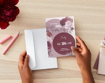 May include: A pink and white floral birthday invitation with the text "You're invited to Layla's 30th Birthday Party" and "Friday, July 26, 8 PM".