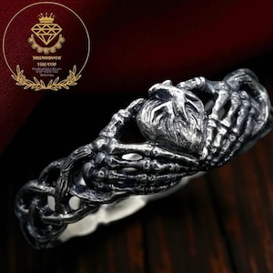 Skeleton Hand Ring, Gothic Engagement Ring | Dark Goth Promise Ring for Men & Women | Love to Death Jewelry Gift, Heart Ring