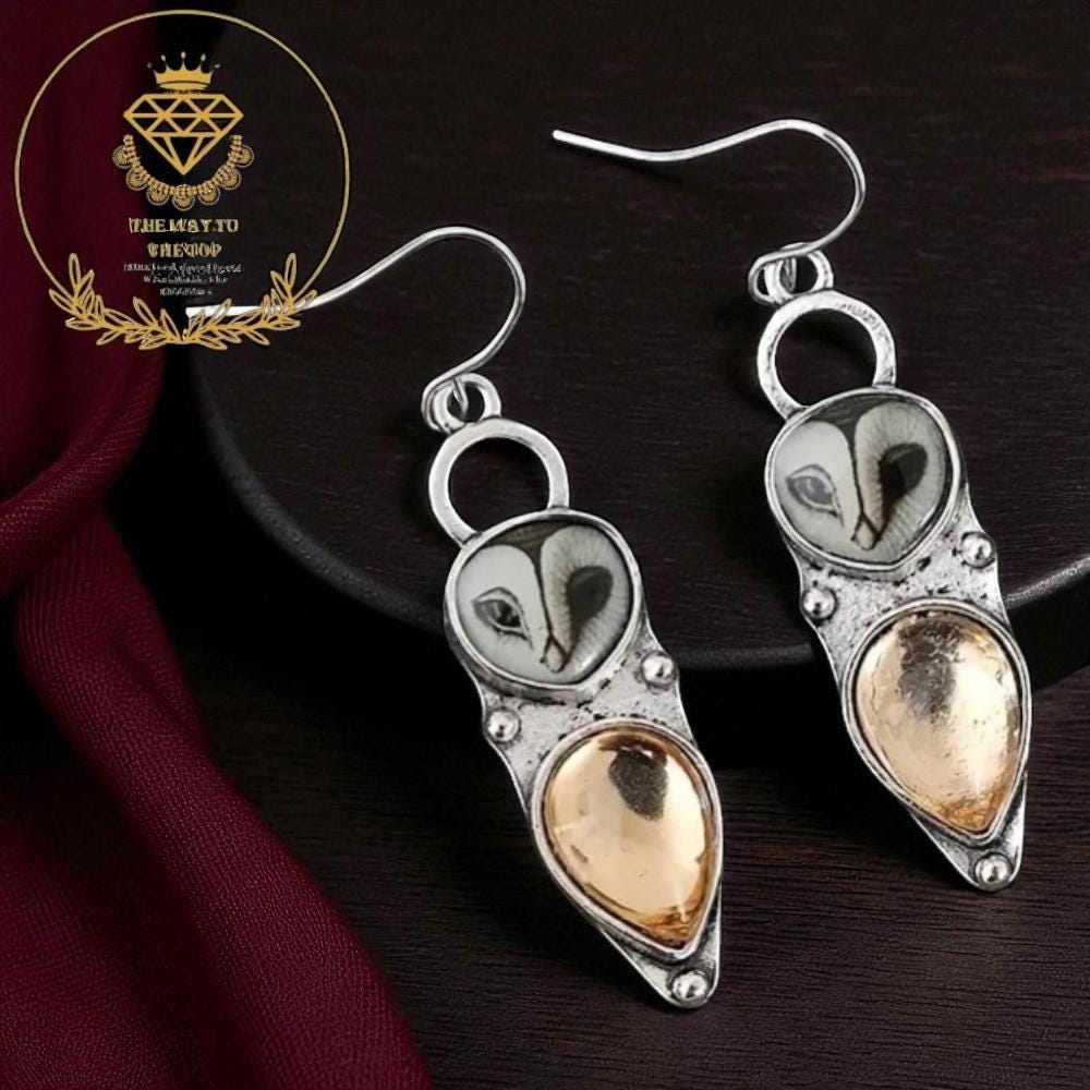 Owl Dangle Earrings: Vintage Champagne Stone, Gothic Boho Jewelry