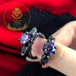 Vintage Gothic Amethyst Skull Ring: Black Gold Promise Band