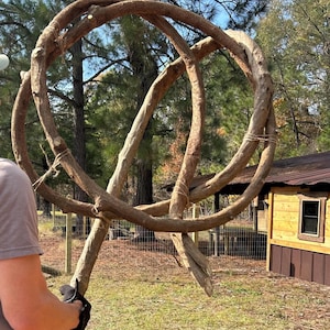 May include: A large, handcrafted wooden archway made from intertwined branches. The arch is held by a person wearing a gray shirt and black gloves. The arch is set in a grassy area with trees and a small wooden building in the background.