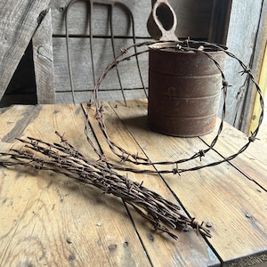 May include: A collection of rusty barbed wire, some in a circular shape and others in straight pieces, on a wooden surface.