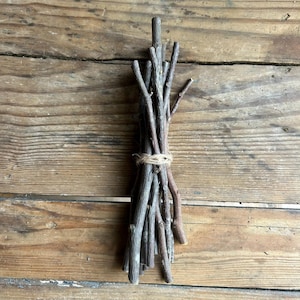 May include: A bundle of slender, dried twigs tied together with twine. The twigs vary in shades of brown and gray, creating a natural, rustic aesthetic. The twine is wrapped around the center of the bundle, securing the twigs. The background is a wooden surface.
