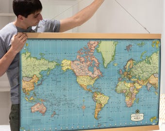 Vintage World Map Canvas - Decorative Travel Map Poster + Wooden Hangers - Old Pull Down Globe.