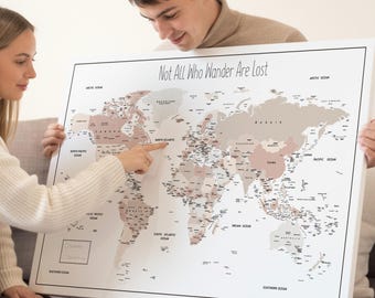 Minimalist Push Pin World Map - Personalized Pin Board -  In Brown & Beige for Adventure Tracking - Gift for Travelers - 100 Pins incl.