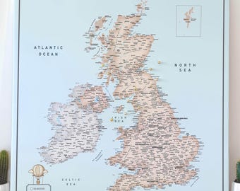 UK & Ireland Push Pin Map – Personalized Canvas Map – Travel Tracker Board –  Minimalist Design in Brown and Blue - 100 Pins inc.