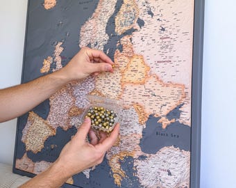 Europe Travel Pin Board – Custom Canvas Map for Adventure Tracking in Grey, Brown & Orange, 100 Pins Included.