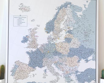 Europe Push Pin Map Canvas, Detailed Travel Pin Board - Customizable Map In Blue, Beige & White for Adventure Tracking - 100 Pins incl.