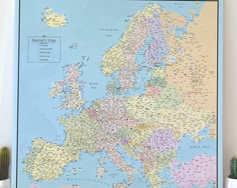 Europe Push Pin Map Canvas, Detailed Travel Pin Board - Political Customizable Map  for Adventure Tracking - 100 Pins incl.