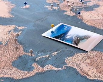 Push Pin World Map - Personalized Travel Pin Board - Large World Map In Blue, Brown & Beige for Adventure Tracking - 100 Pins incl.