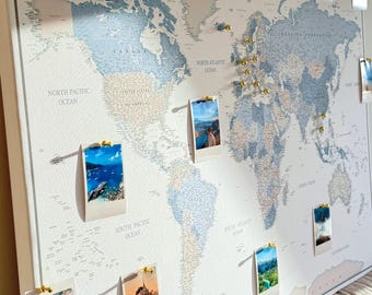 Personalized Push Pin World Map - Detailed Travel Pin Board - Large World Map In Blue, Beige & White for Adventure Tracking - 100 Pins incl.