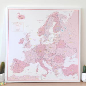 Europe Push Pin Map Canvas, Detailed Travel Pin Board - Customizable Map In Pink & White for Adventure Tracking - 100 Pins incl.