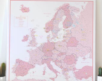 Europe Push Pin Map Canvas, Detailed Travel Pin Board - Customizable Map In Pink & White for Adventure Tracking - 100 Pins incl.