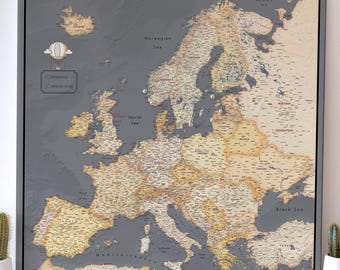 Europe Push Pin Map Canvas, Detailed Travel Pin Board - Customizable Map In Grey, Brown & Orange for Adventure Tracking - 100 Pins incl.