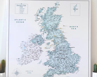UK & Ireland Push Pin Map – Personalized Canvas Map – Travel Tracker Board –  Minimalist Design in Blue - 100 Pins inc.