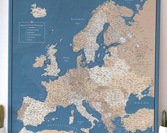 Europe Push Pin Map Canvas, Detailed Travel Pin Board - Customizable Map In Blue, Brown & Beige for Adventure Tracking - 100 Pins incl.