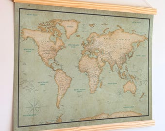 Large World Map Canvas - Personalized Vintage Travel Map Poster + Wooden Hangers.