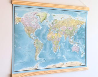 Large World Map Canvas - Personalized Travel Map Poster + Wooden Hangers - Political Multicolor Pull Down Globe.