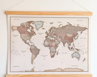 Large World Map Canvas - Personalized Travel Map Poster + Wooden Hangers - Pull Down Globe in Beige & Brown.