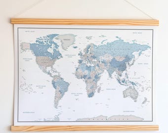Large World Map Canvas - Personalized Travel Map Poster + Wooden Hangers - Pull Down Globe in Beige & Blue.