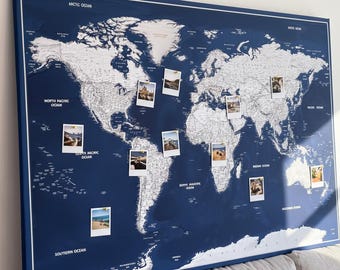 Personalized Push Pin World Map - Detailed Travel Pin Board - Large  Navy World Map for Adventure Tracking - 100 Pins incl.