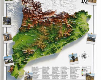 Mapa 100 Cims Catalunya ideal para Marcar amb Xinxetes, Mapa Topogràfic Catalunya en Formato de Tela Tensada, Inclou 100 Xinxetes.