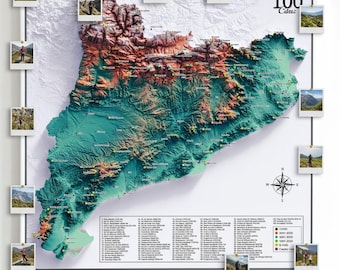 Mapa 100 Cims Catalunya ideal para Marcar amb Xinxetes, Mapa Topogràfic Catalunya de Tela Tensada, Color turquesa, Inclou 100 Xinxetes.