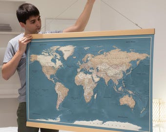 Large World Map Canvas - Personalized Travel Map Poster + Wooden Hangers - Pull Down Globe in Beige & Blue.
