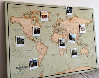 Gepersonaliseerde push-pins wereldkaart - gedetailleerd prikbord voor reizen - grote vintage wereldkaart voor het volgen van avonturen - 100 pinnen incl.