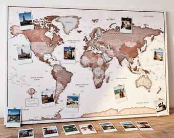 Personalized Push Pin World Map - Detailed Travel Pin Board - Large World Map In Brown & Beige for Adventure Tracking - 100 Pins incl.